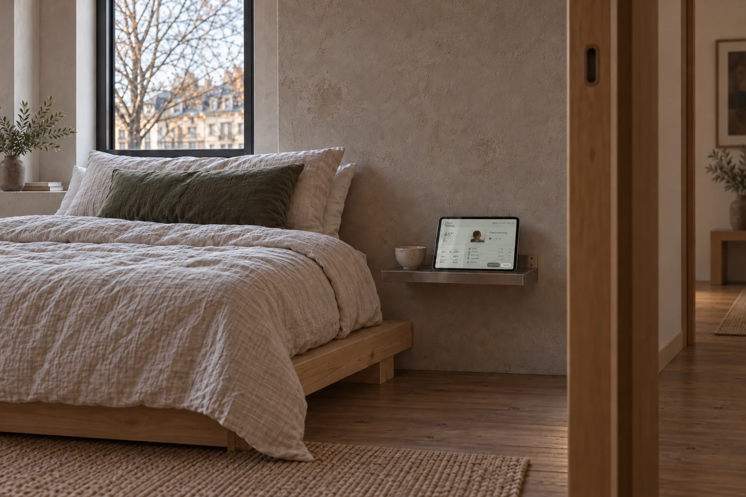 A softly lit bedroom with cream linen, an olive pillow and an iPad showing Ena Form. on a floating bedside shelf.