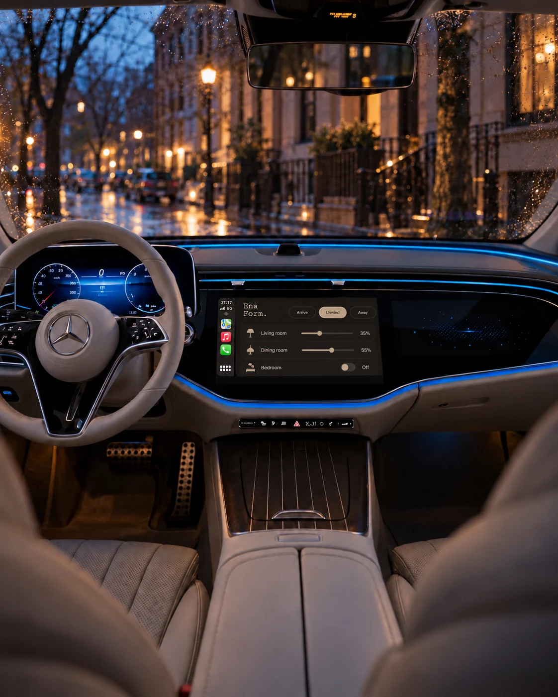 Ena Form. in-car concept in a Mercedes-Benz E-Class, showing set the evening.