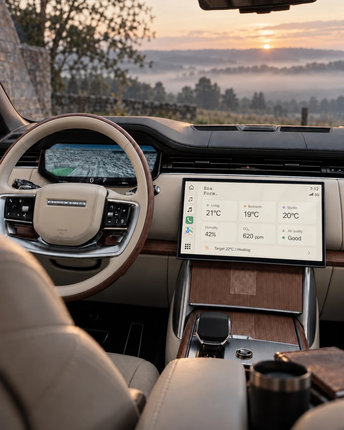 Ena Form. in-car concept in a Range Rover, showing know your atmosphere.