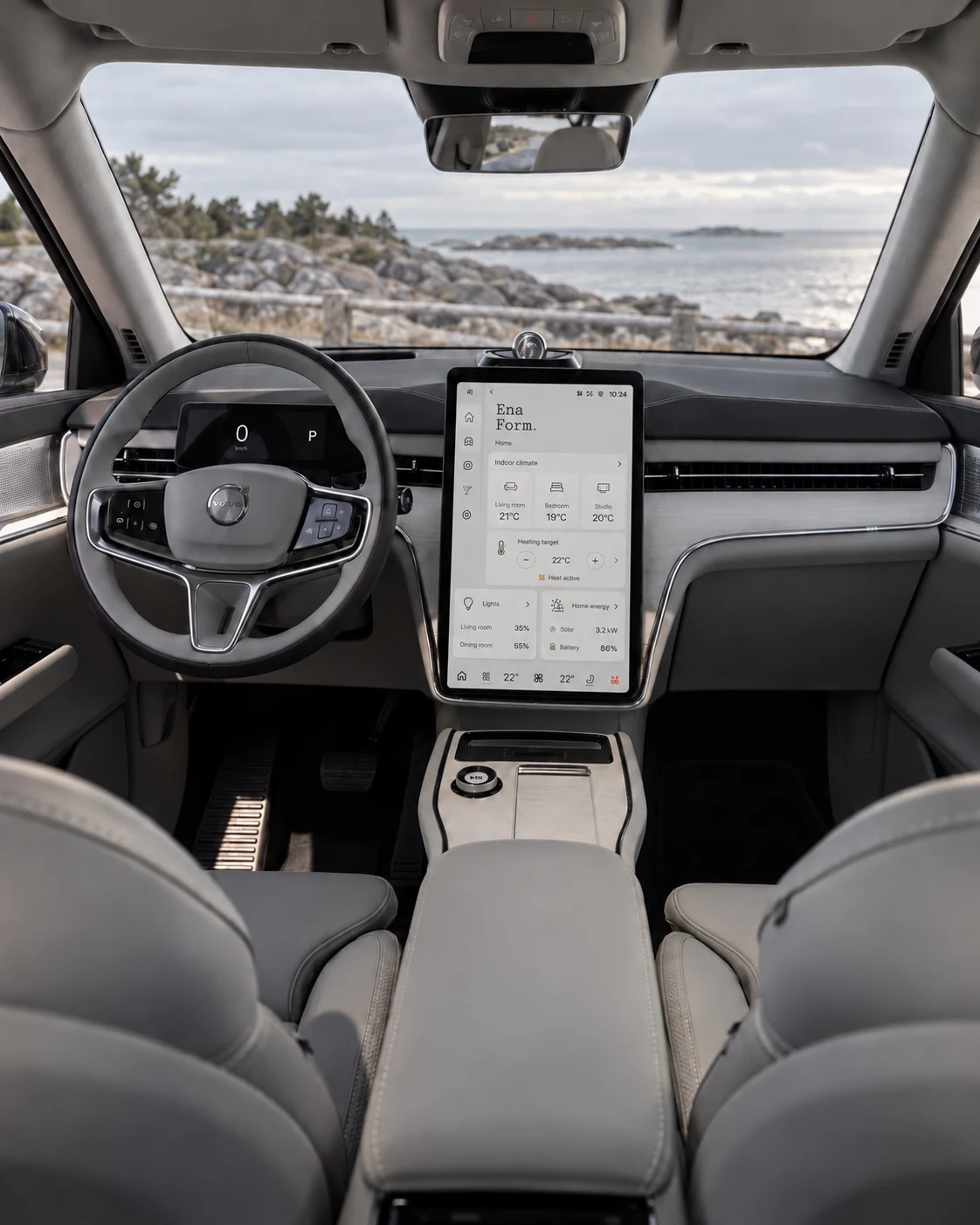 Ena Form. in-car concept in a Volvo EX90, showing home, at a glance.