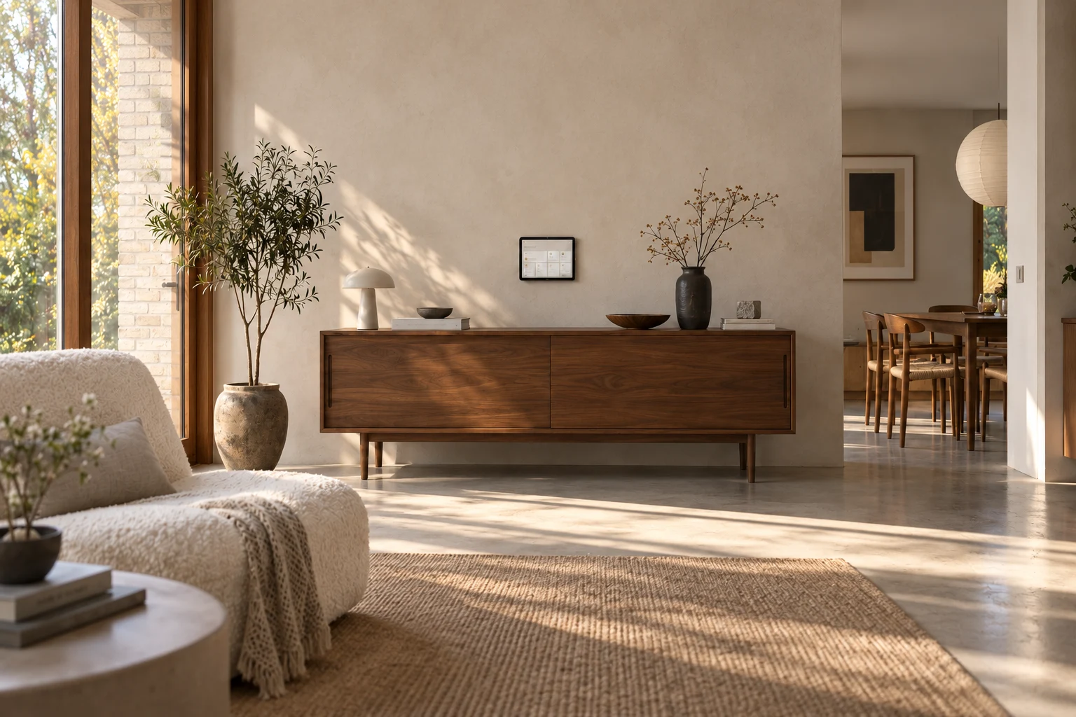 A small wall-mounted tablet above a walnut sideboard in a sunlit Danish living room. Ena Form. Home Hub interior concept.