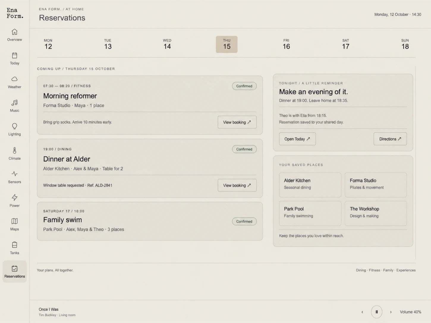 Ena Form. overview showing the forecast, room temperatures, music player and air-quality panel.