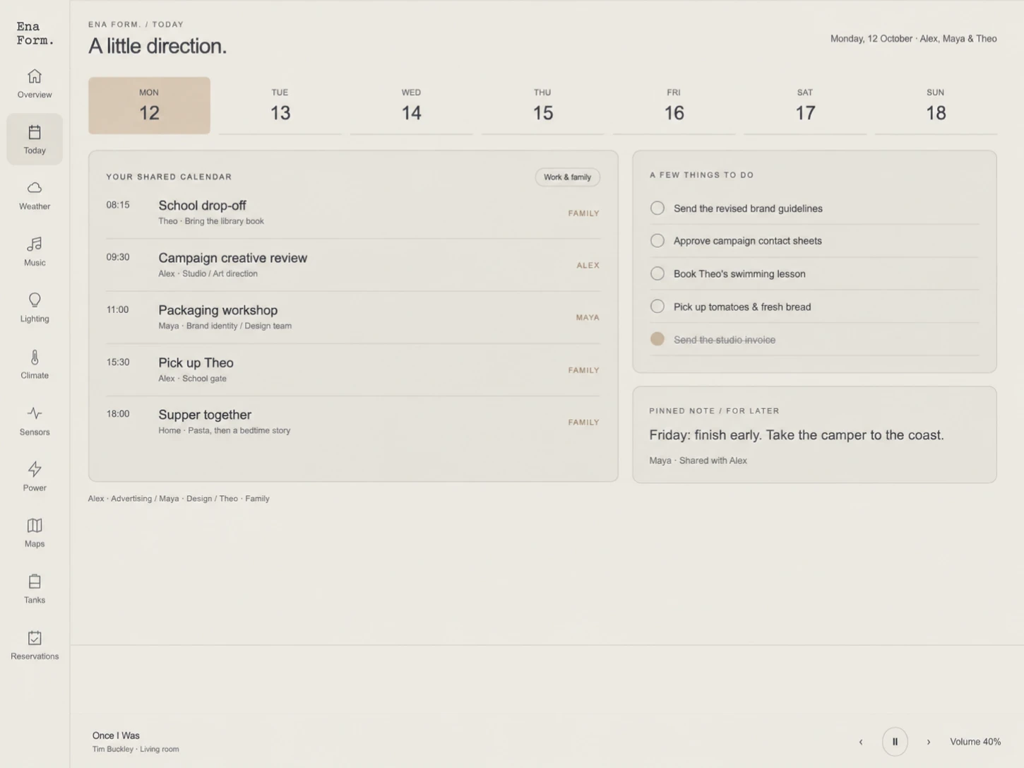 Ena Form. overview showing the forecast, room temperatures, music player and air-quality panel.