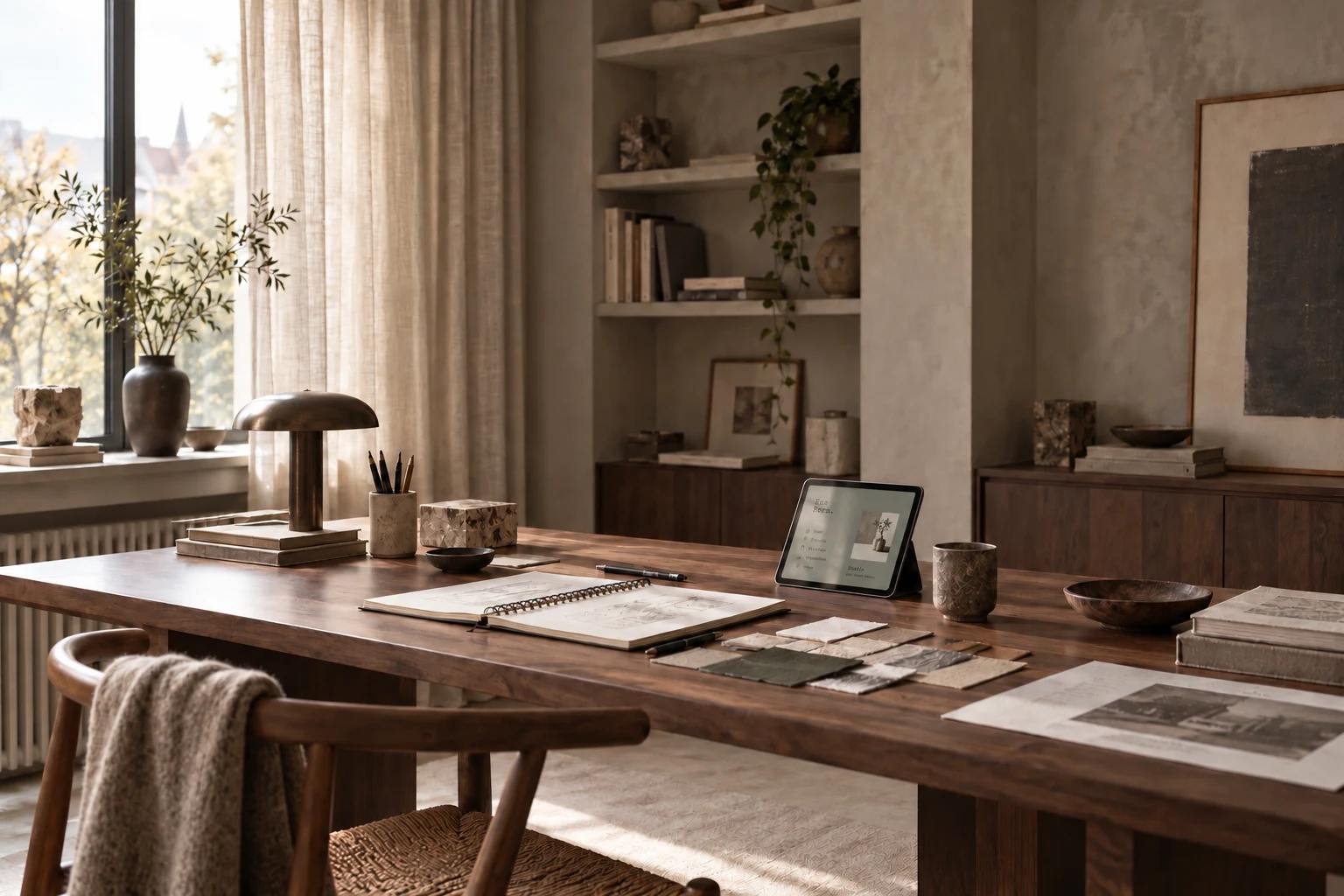 A calm home design studio with sketches, material swatches and a small tablet.