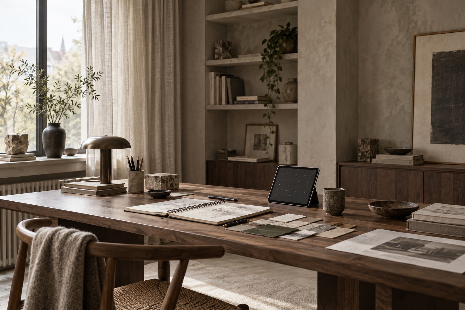 A calm home design studio with sketches, material swatches and a small tablet.