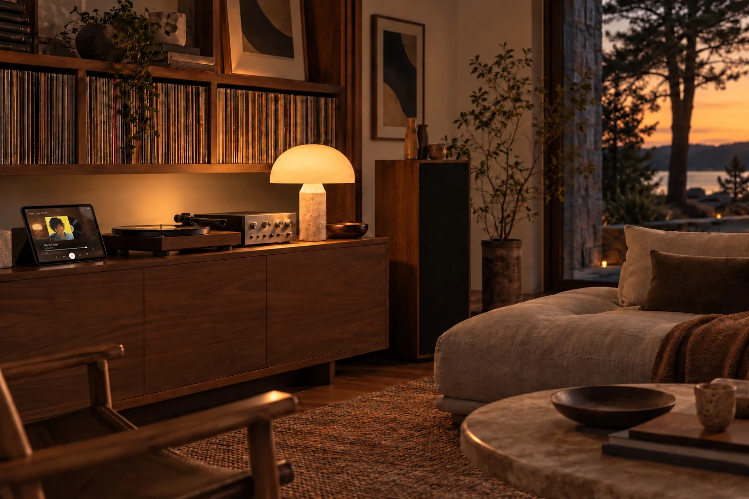 An intimate walnut listening room with records and warm evening lamplight.