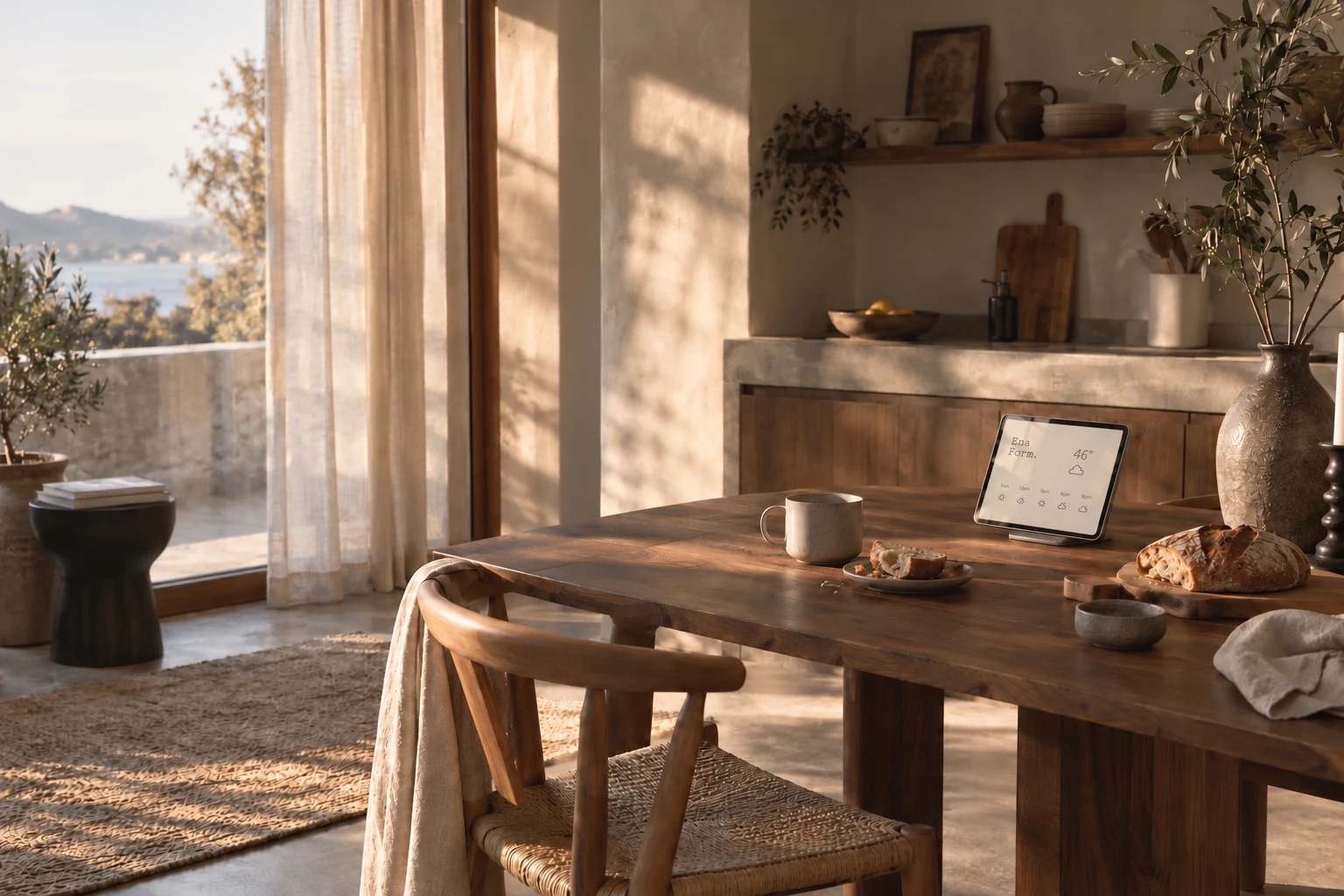 A warm kitchen in morning sunlight with a small tablet on a walnut table.