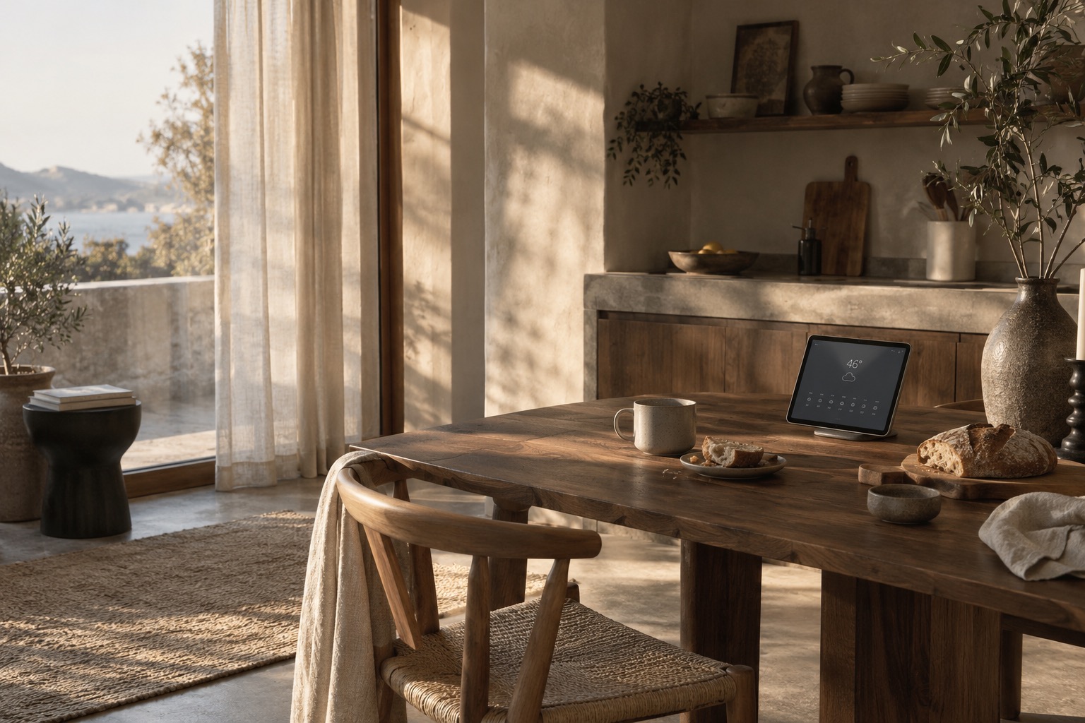 A warm kitchen in morning sunlight with a small tablet on a walnut table.