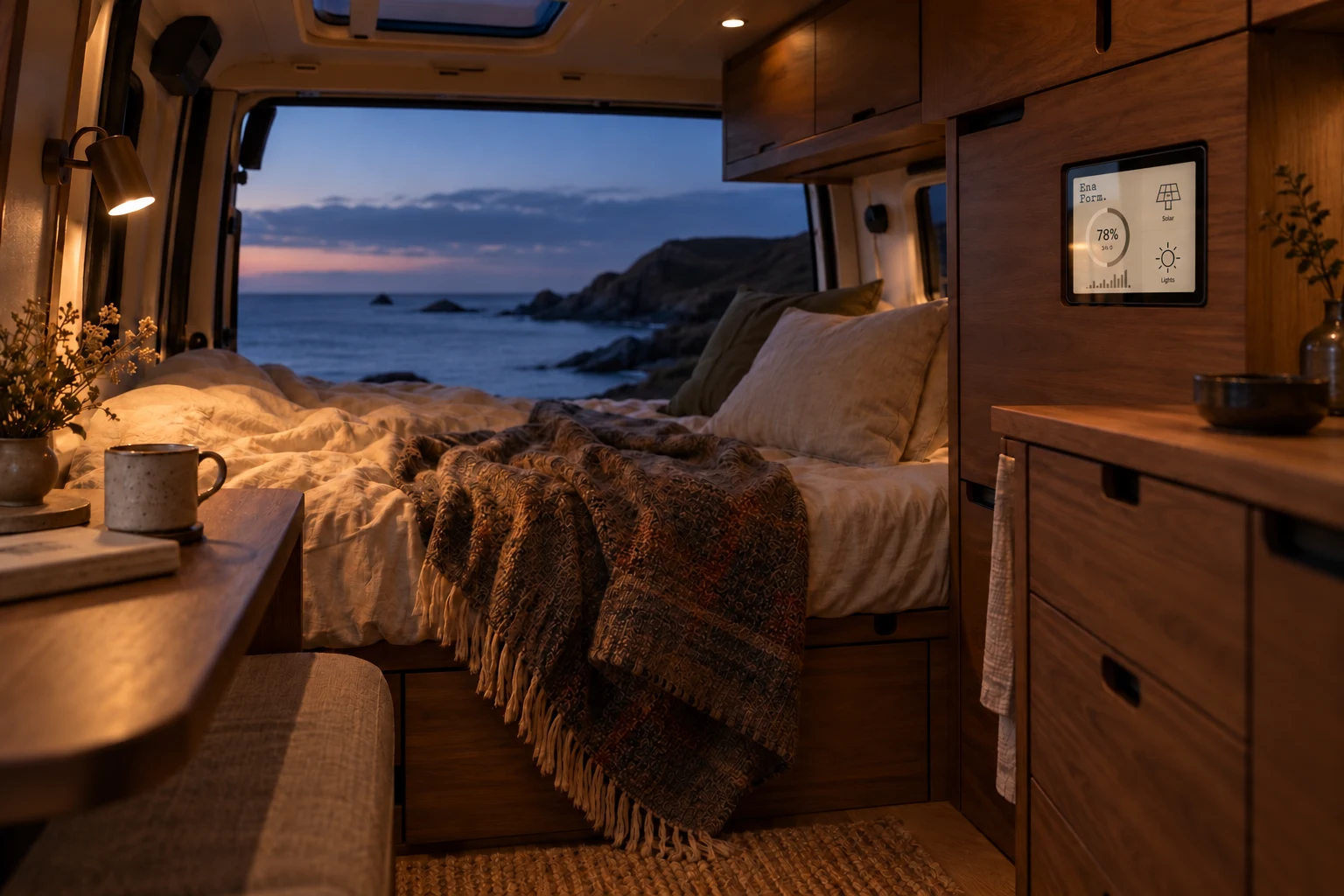 A walnut camper interior at dusk overlooking the coast.