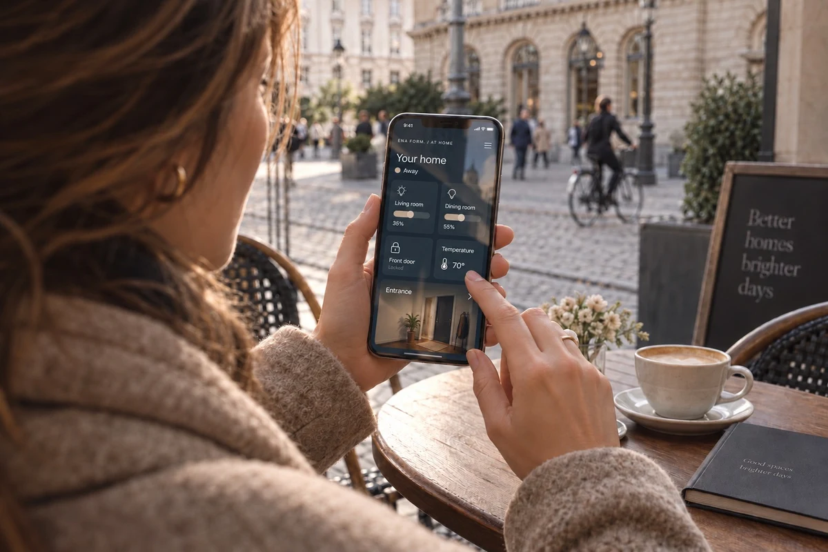 A person checking a phone at a Paris cafe table.