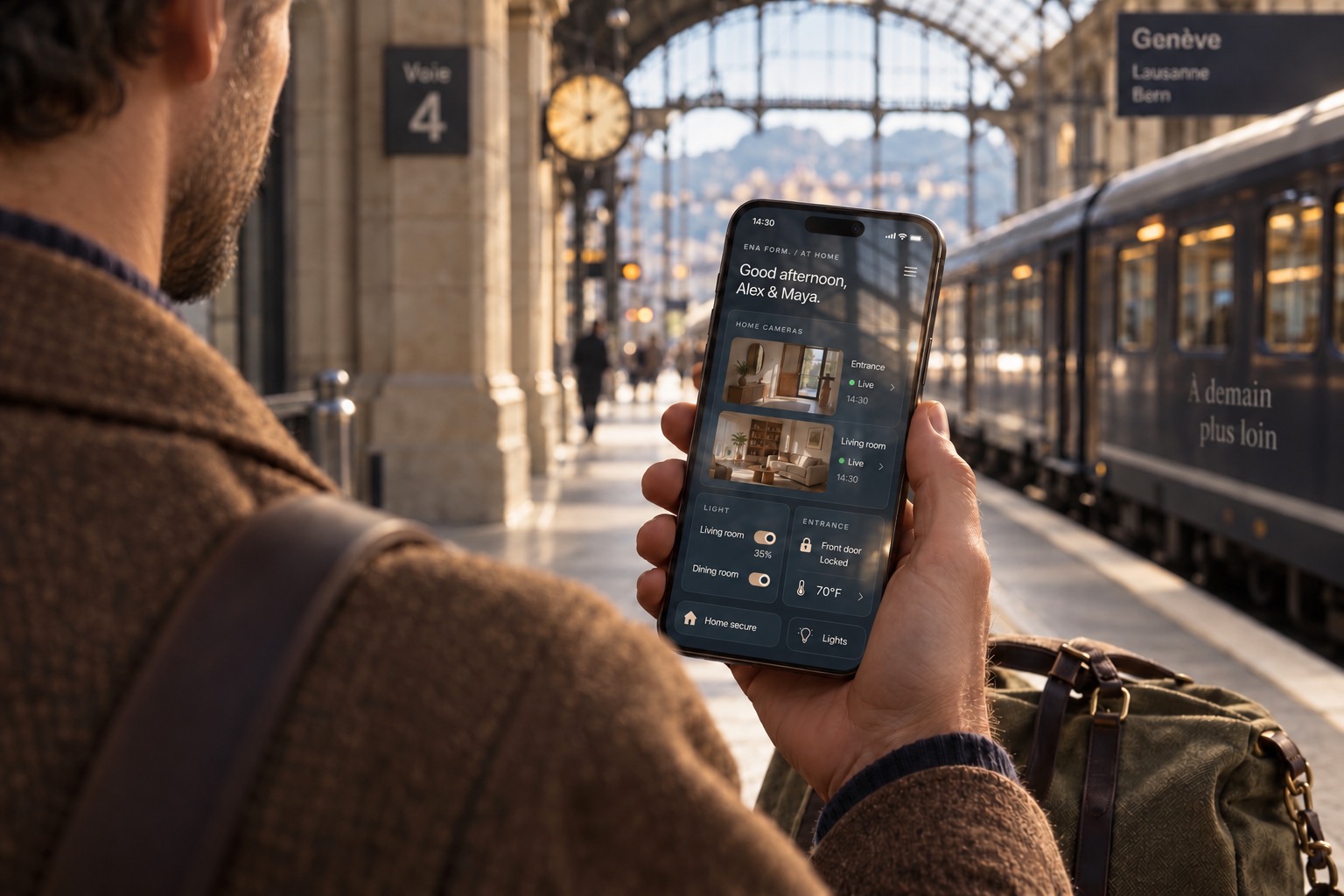 A traveller checking the entrance and living room security camera views in Ena Form. on a phone at a railway station.