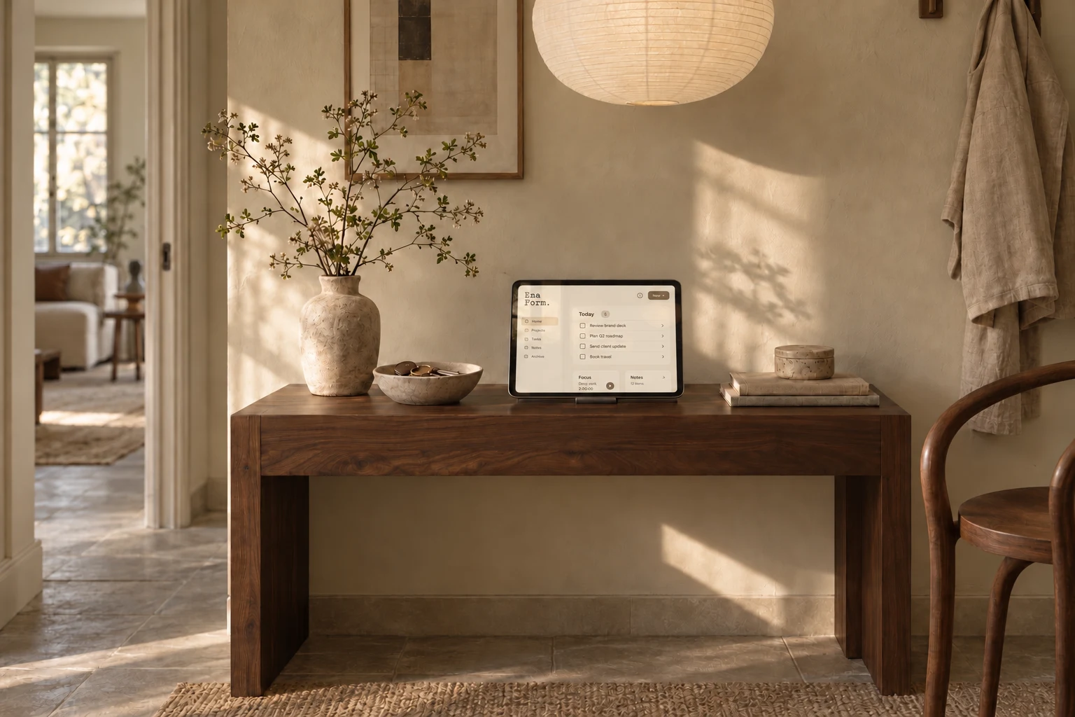 An iPad mini showing reservations on a walnut console in a warm, quietly furnished entryway.