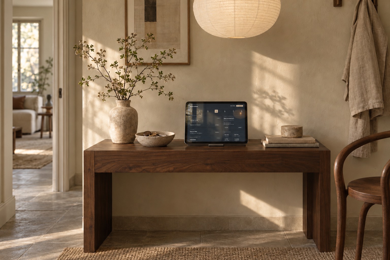 An iPad mini showing reservations on a walnut console in a warm, quietly furnished entryway.