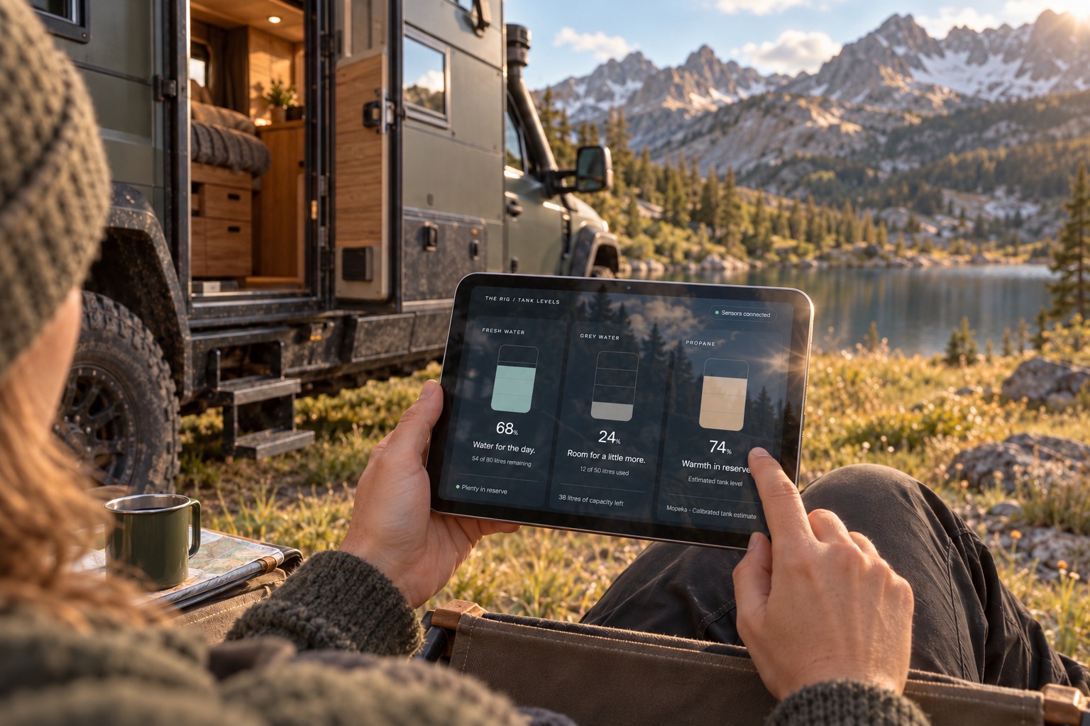 A traveller checking water and propane reserves on an iPad beside a rugged expedition truck at a mountain campsite.