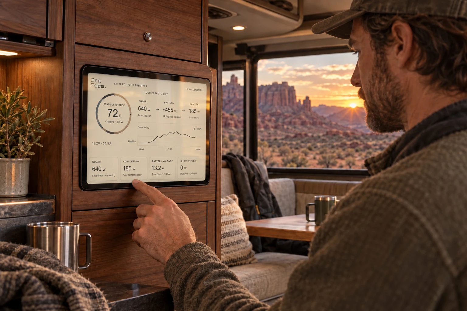 A traveller using a small wall-mounted iPad to view battery and solar power inside a walnut expedition camper overlooking the desert.