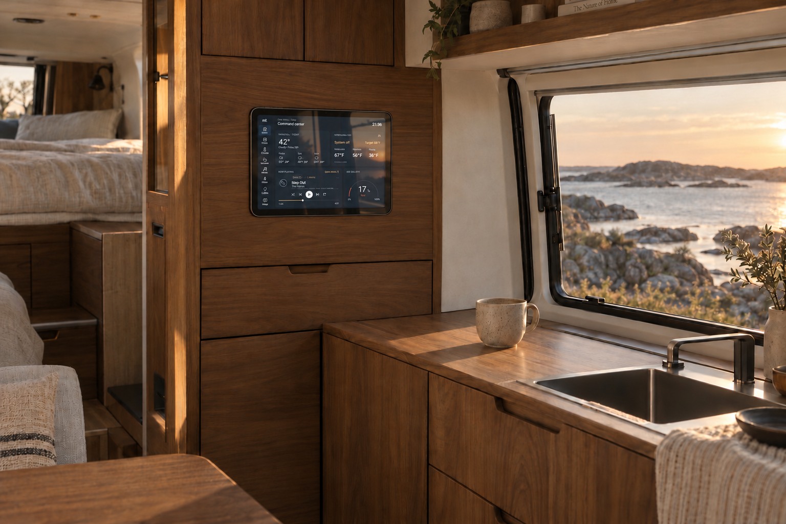 A small landscape tablet integrated into walnut camper cabinetry, displaying the existing Ena Form. interface beside a coastal window.