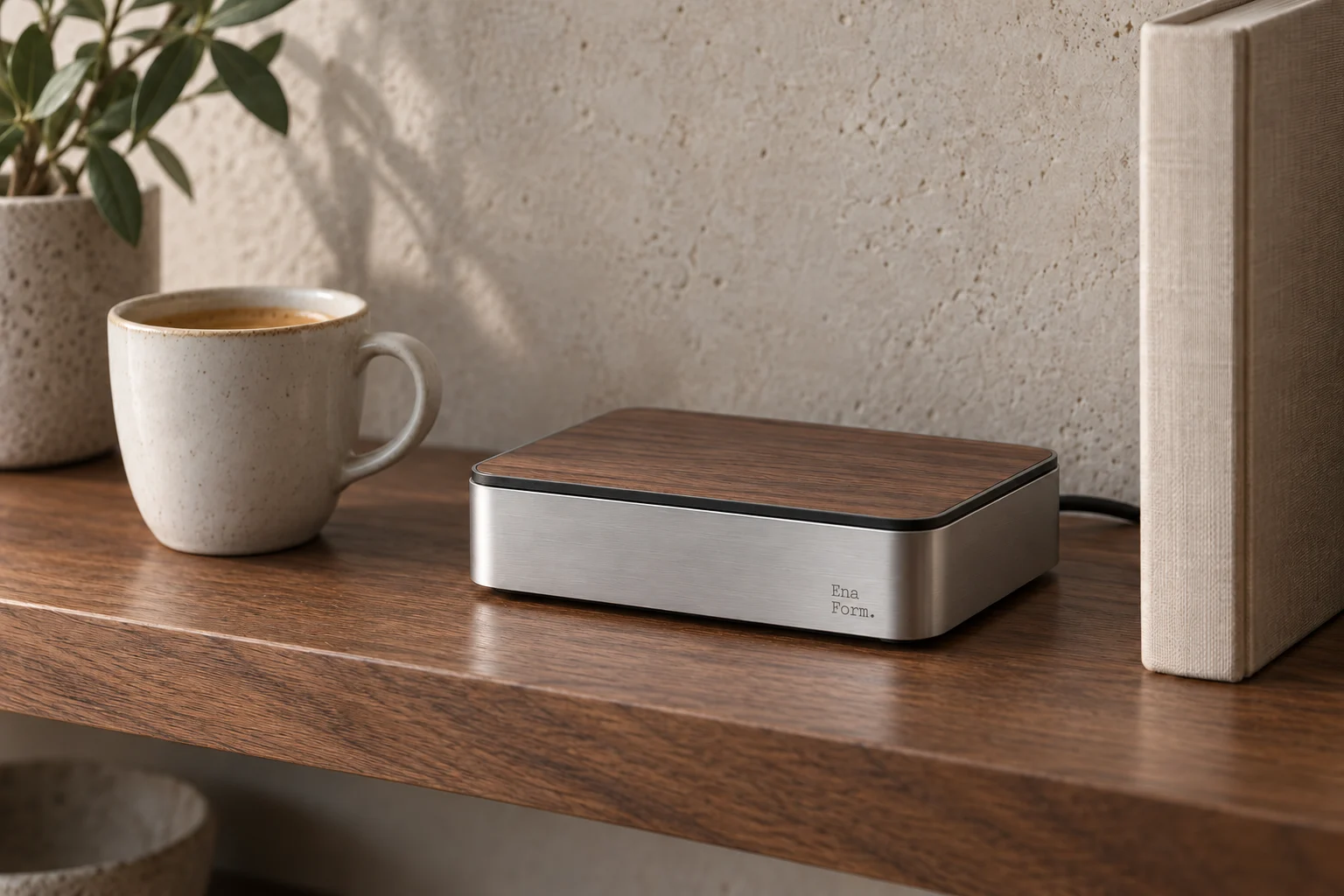 Close-up of the compact brushed aluminium and walnut hub concept, with a small engraved Ena Form. wordmark.
