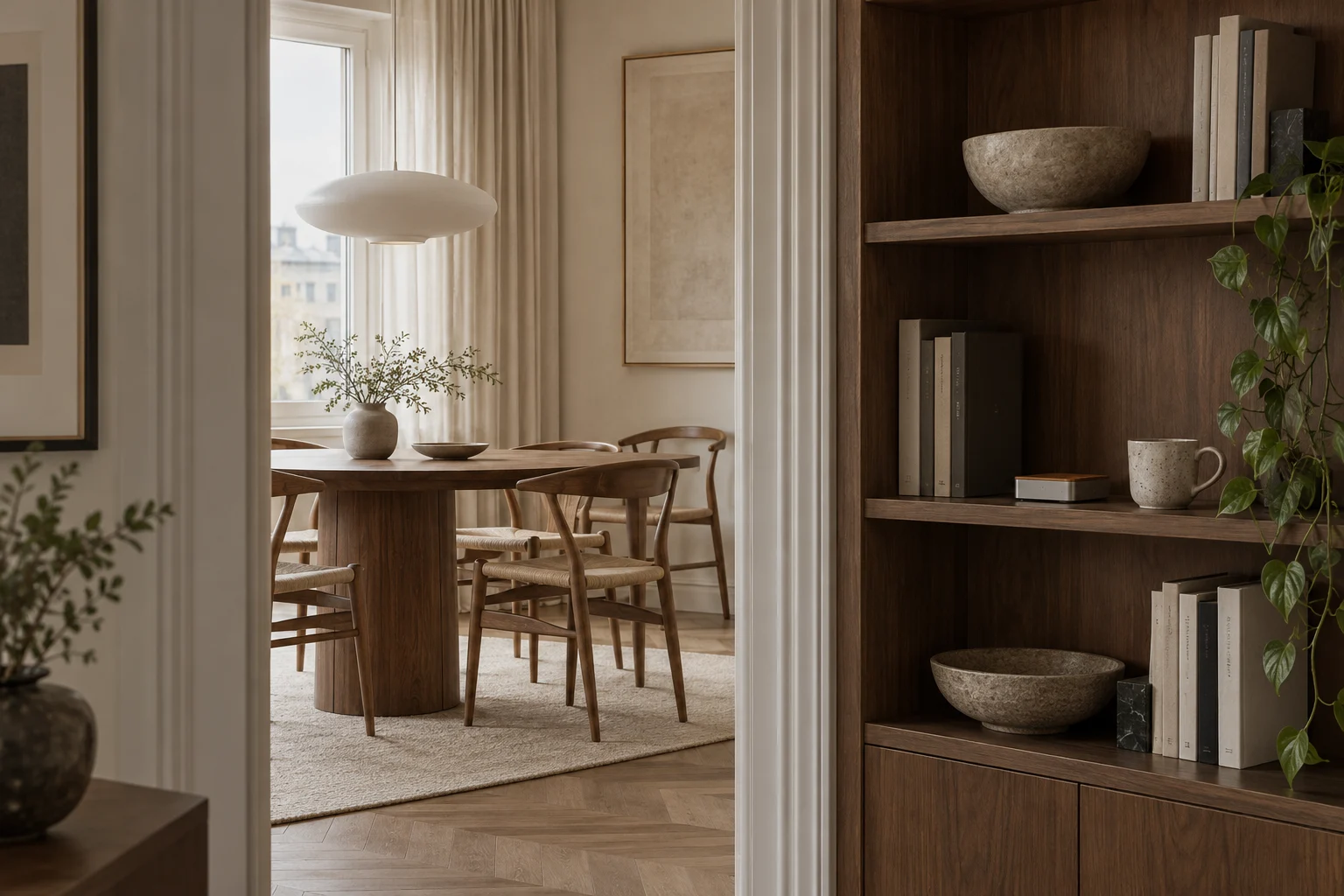 A compact aluminium and walnut hub on a built-in shelf beside a cup, with a dining room beyond.