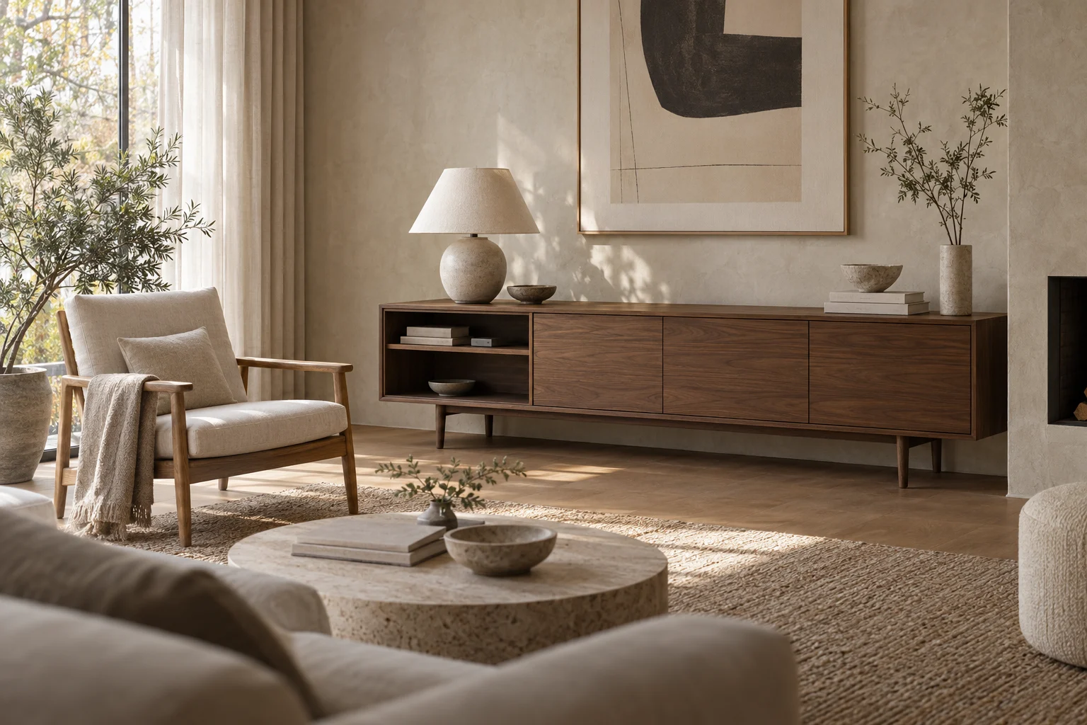 A tiny silver home hub tucked into a walnut sideboard shelf in a Danish living room.