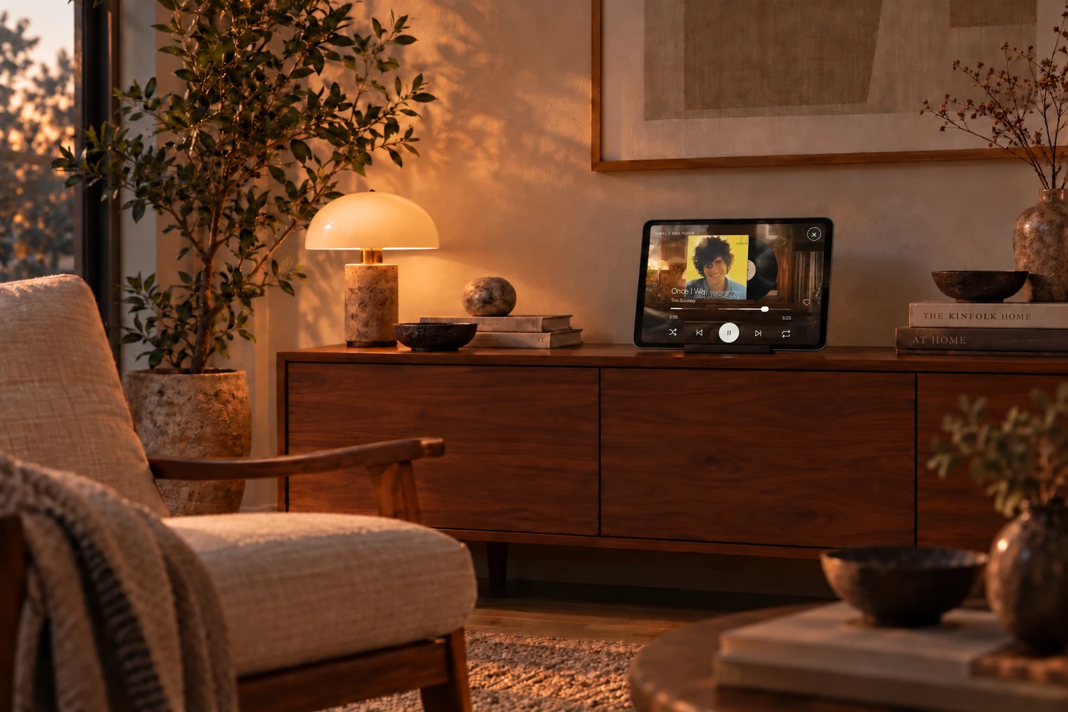 A small iPad mini showing Vinyl Mode on a walnut sideboard in a softly lit room.