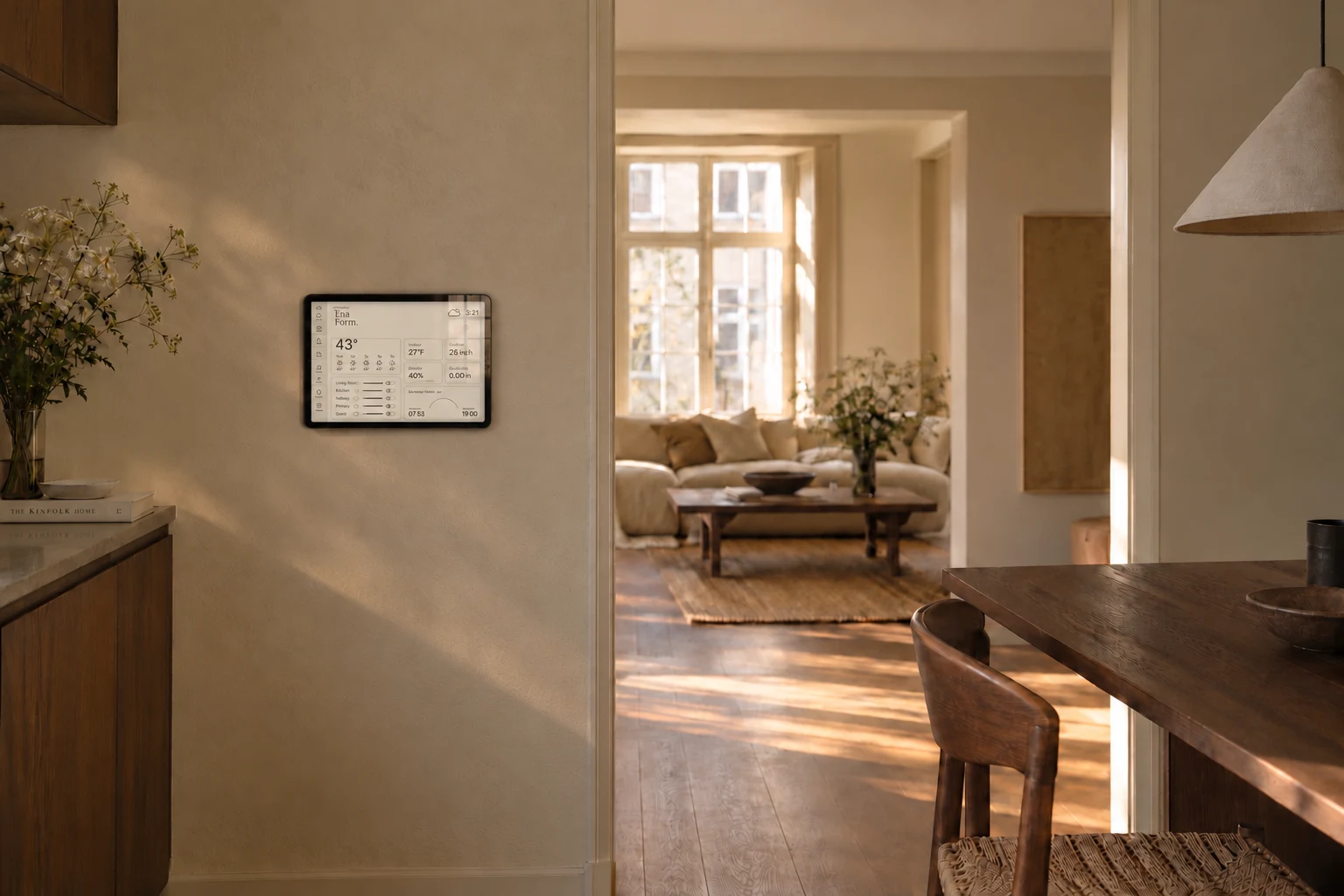 An Ena Form. concept tablet recessed into a limestone wall beside a sunlit walnut dining space.