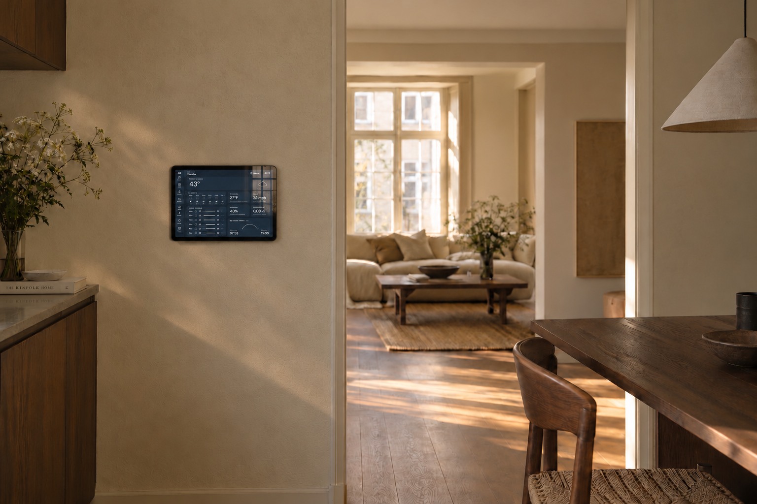 A small landscape tablet recessed into a warm plaster wall beside a sunlit walnut dining space.