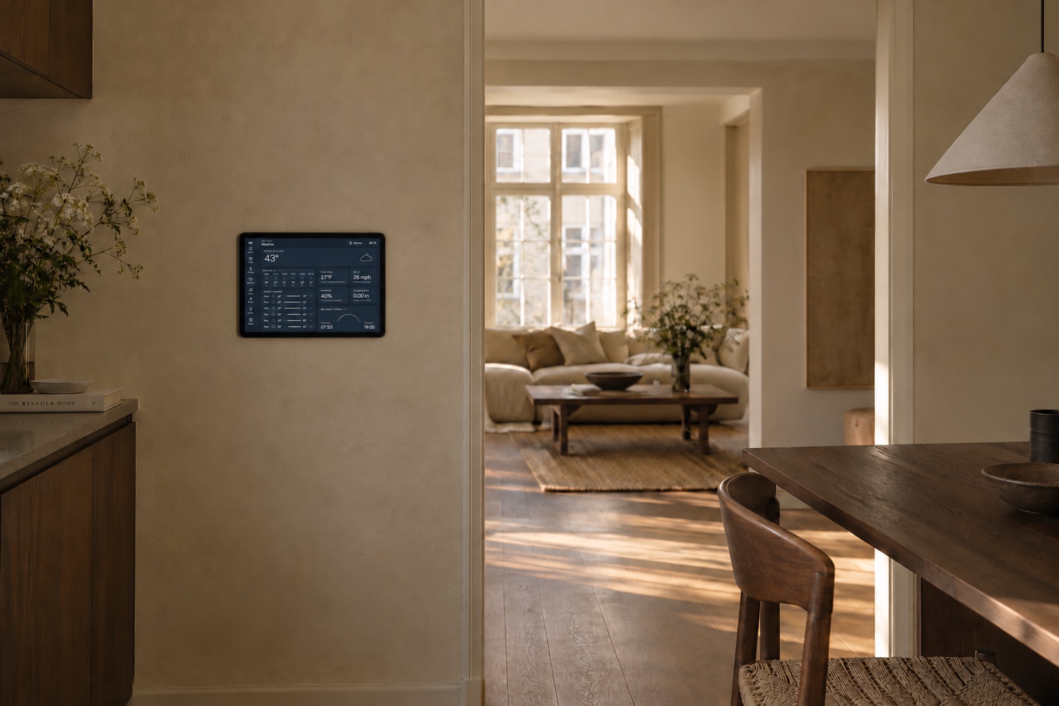 A small landscape tablet recessed into a warm plaster wall beside a sunlit walnut dining space.